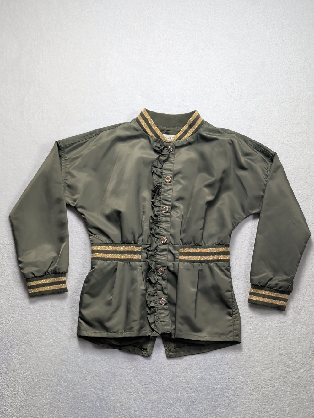 Twin-set Girls Olive Green Ruffle Bomber Jacket - Gold Lurex Trim - Size 8/128cm